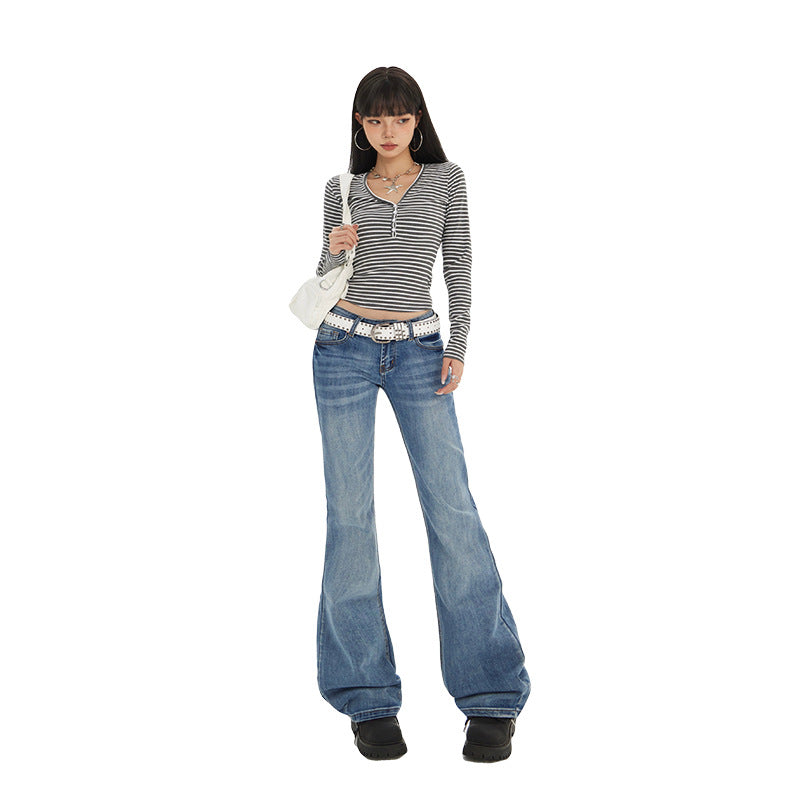 Women's Retro Blue Low Waist Denim Flare Pants