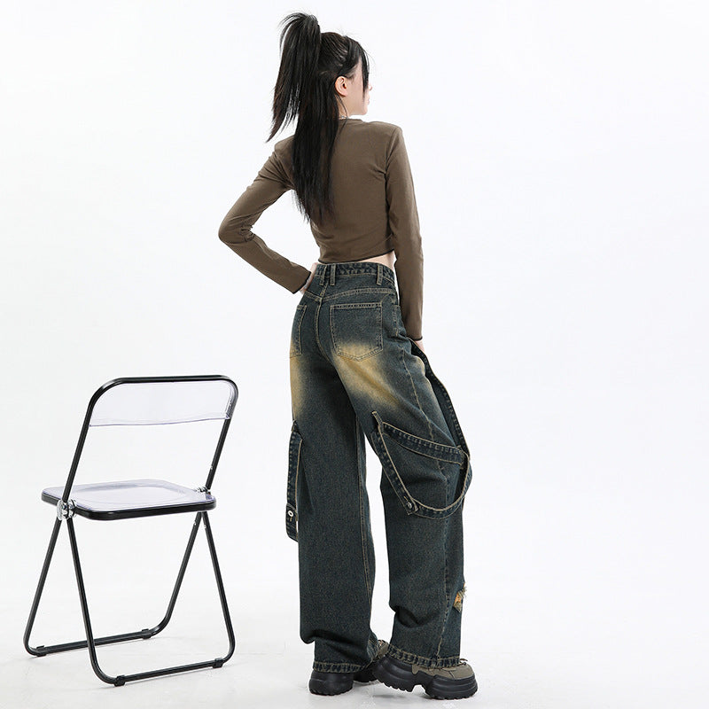 Women's High Waist Loose Fit Denim Pants - Wide Leg Style