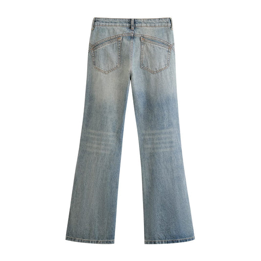 Splicing Horn Jeans - Versatile Wide Leg Floor Pants in Denim Blue