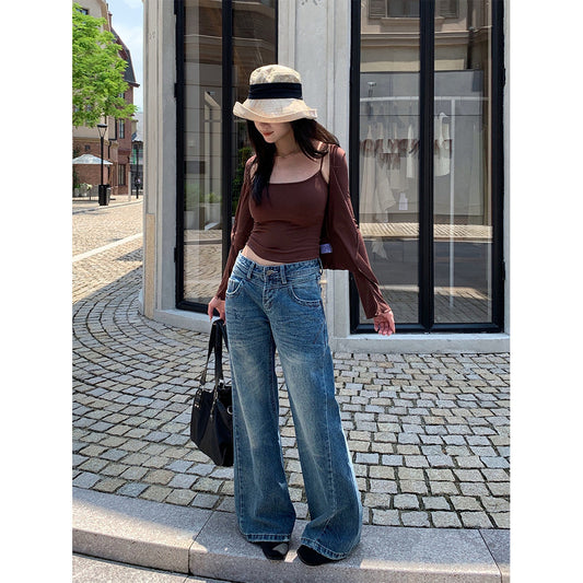 Double Waist Design Jeans Women's Flared Long Pants with Grab Pattern