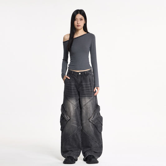 Silk Women's Water-Washed Loose Flare Cargo Denim Pants
