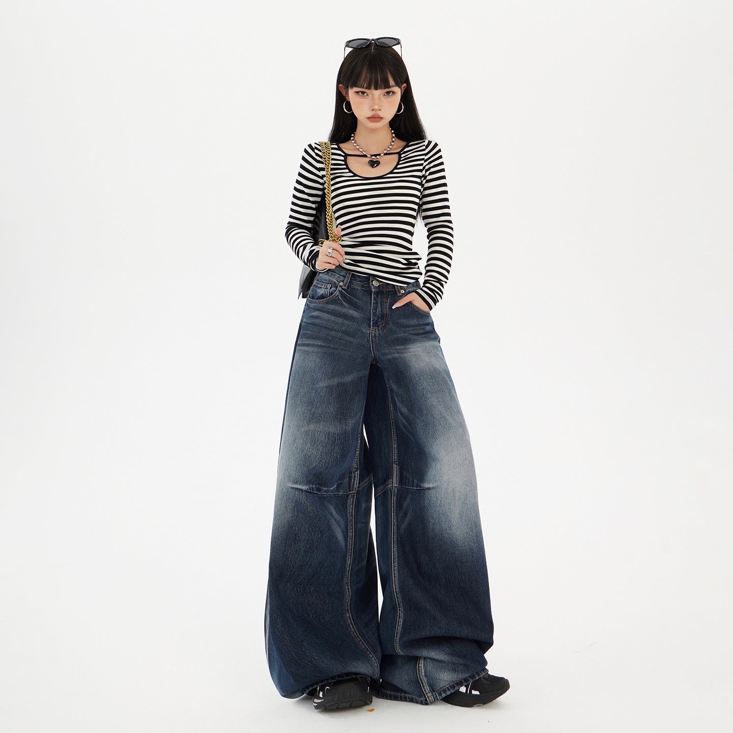 Blue Gray Wide-Leg Jeans for Women - Retro Loose Drape Straight Leg Pants