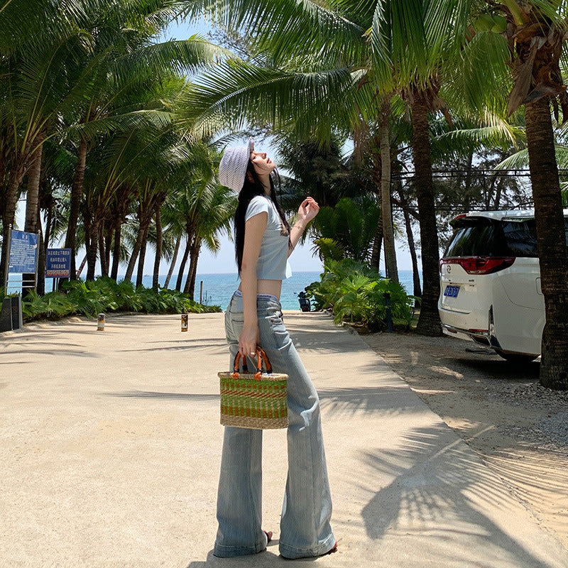 Women's Shallow Blue Flared Jeans - Summer Thin Low Waist Trumpet Pants