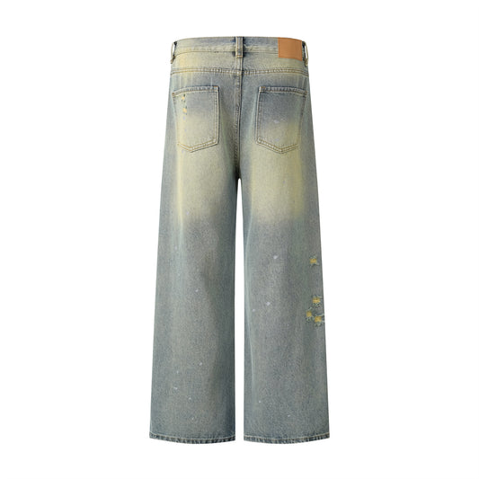 Washed Faded Splatter Hole Denim Pants for Men and Women - Cleanfit Loose Straight Leg Long Pants