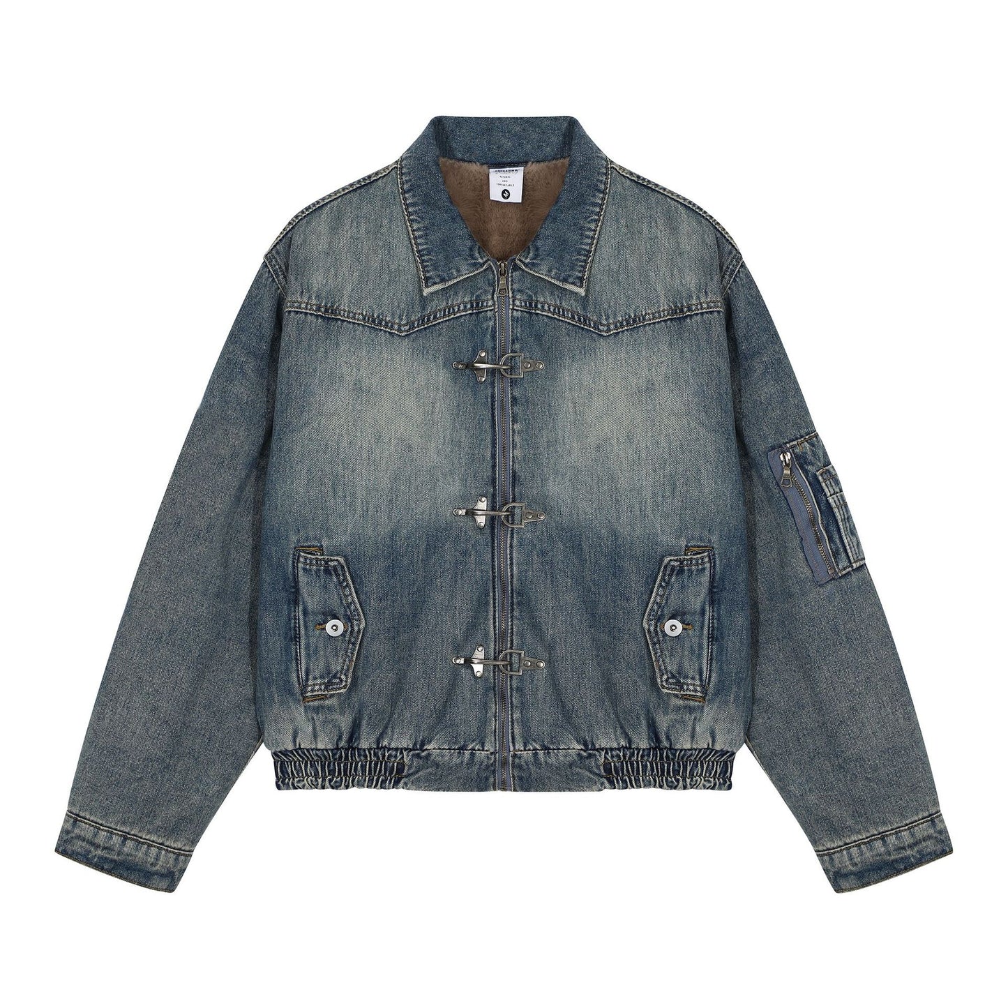 Vintage Winter Fashion Metal Snap Design Fleece Lined Thick Warm Men's Cotton Coat Denim Jacket