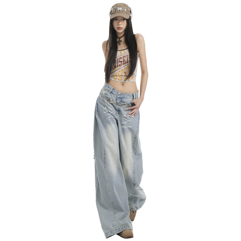 Women's Washed High Waist Wide Leg Jeans Slim Draping Floor-Length Pants