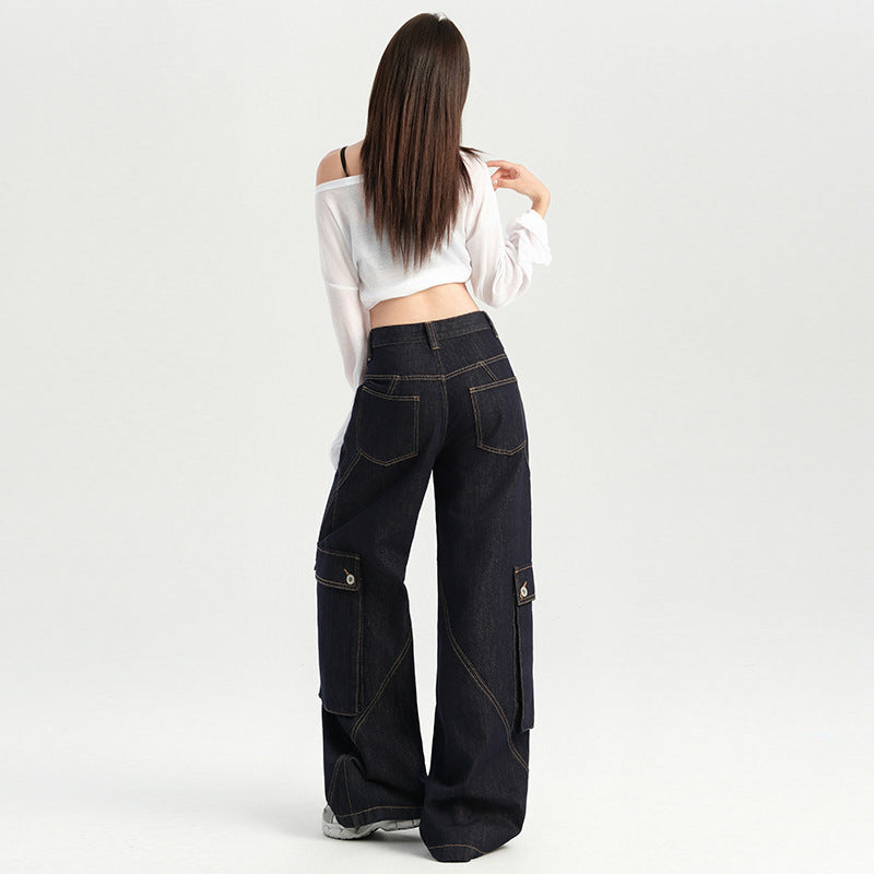 Women's Multi-Pocket Cargo Wide-Leg Jeans - Loose Slim Floor-Length Pants