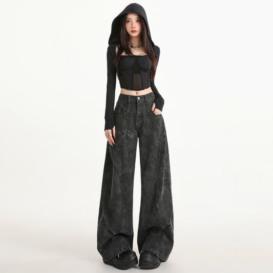 Black Gray Wide-Leg Jeans for Women - High-Waist Straight Loose Design with Unique Print