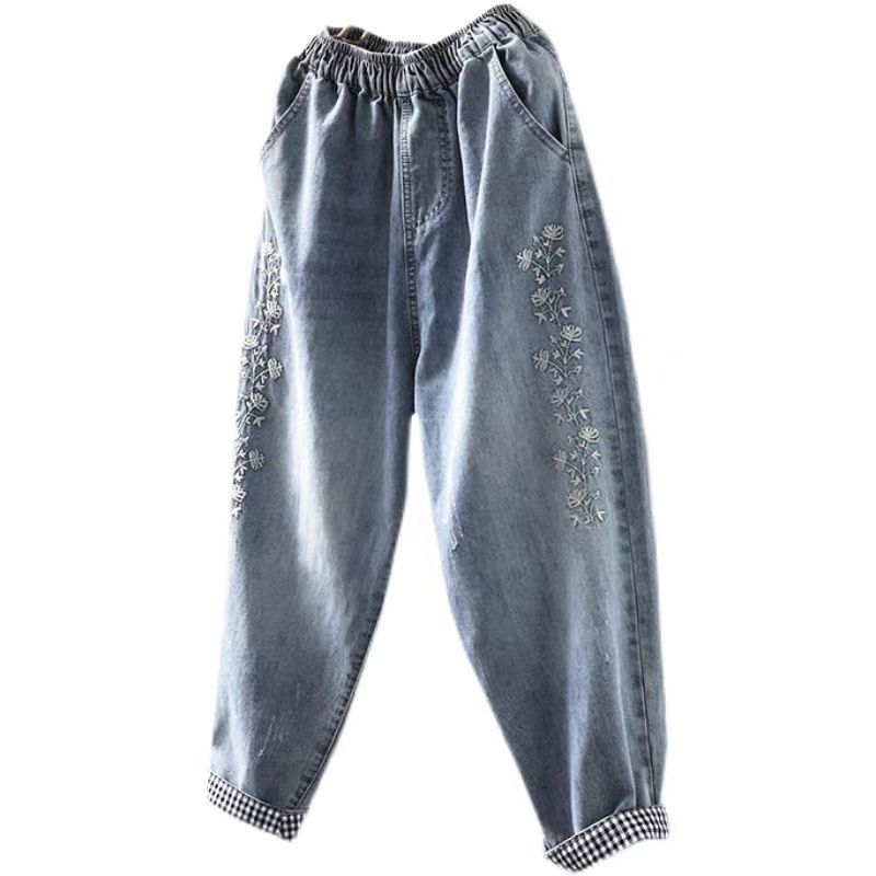 Spring New Embroidered Cotton Washed Soft Denim Harem Pants