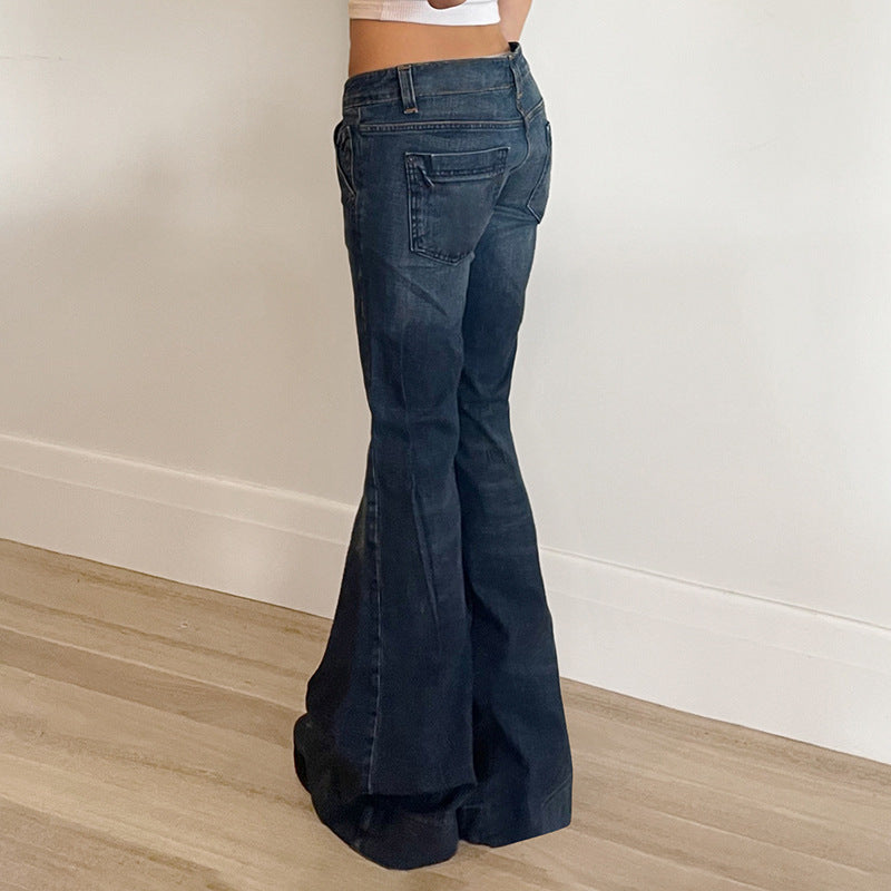 Retro Hot Girl Washed and Worn Low Waisted Slightly Flared Jeans