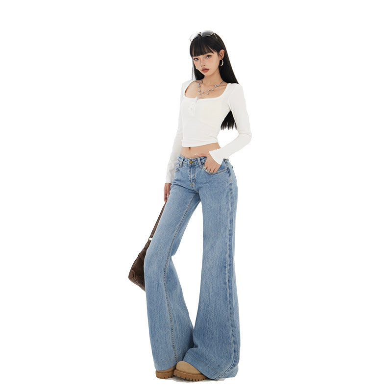Women's Low Waist Flared Denim Pants - Slimming Elastic Floor-Length Trousers