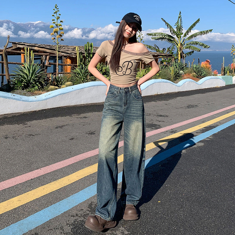 Vintage Wide-Leg Jeans for Women - High-Street Loose and Slim Straight Pants