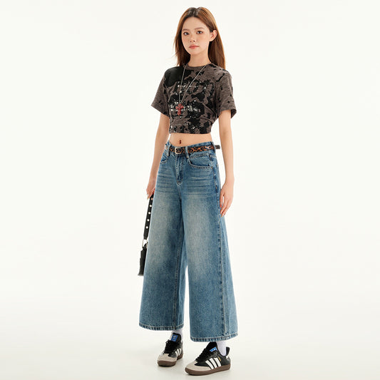 High-Waisted Wide-Leg Three-Quarter Denim Pants for Women Vintage Washed Loose Straight Leg Pants
