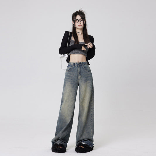 Women's Mid-Waist Loose Washed Wide-Leg Jeans with Floor-Length Pants