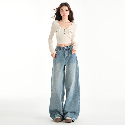Vintage Blue Wide-Leg High-Waist Jeans for Women