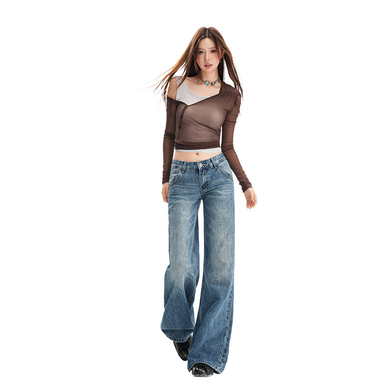 Women's Washed Low Waist Wide Leg Jeans - Loose Slim Floor-Length Pants