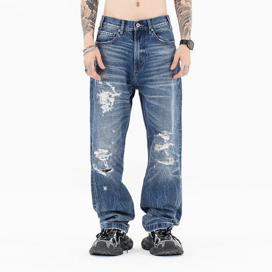 Men's Water-Washed Distressed Straight Jeans with Loose Wide Legs