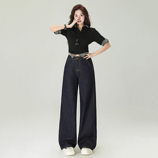 Women's Dark Blue High-Waist Wide-Leg Jeans - Premium Japanese Denim