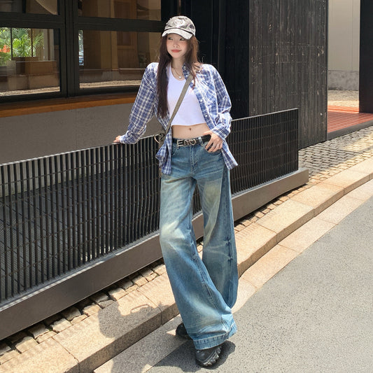 Retro Washed Denim Pants for Women - Loose Fit High Waist Anti-Wrinkle Slim Wide Leg Long Pants
