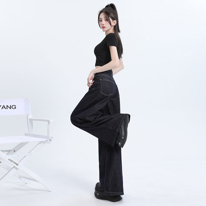 Loose Wide-Leg Denim Pants for Women - High-Waist Draped Straight Ankle-Length Trousers