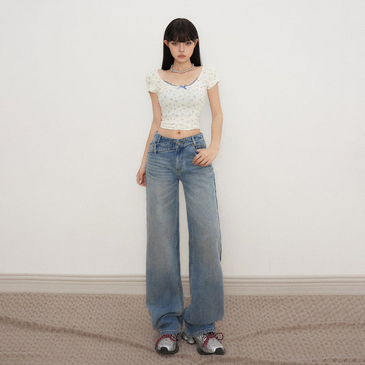 Retro Low-Waist Loose Straight Leg Jeans with Irregular Waist Design for Women