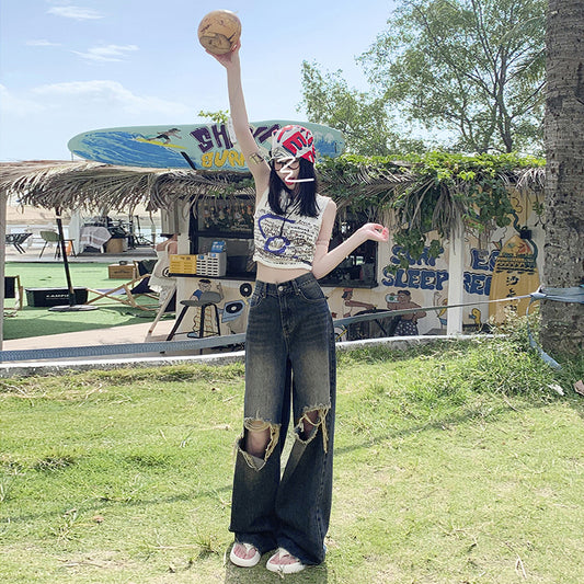 Women's Loose Folded Frayed Floor-Length Wide-Leg Denim Trousers