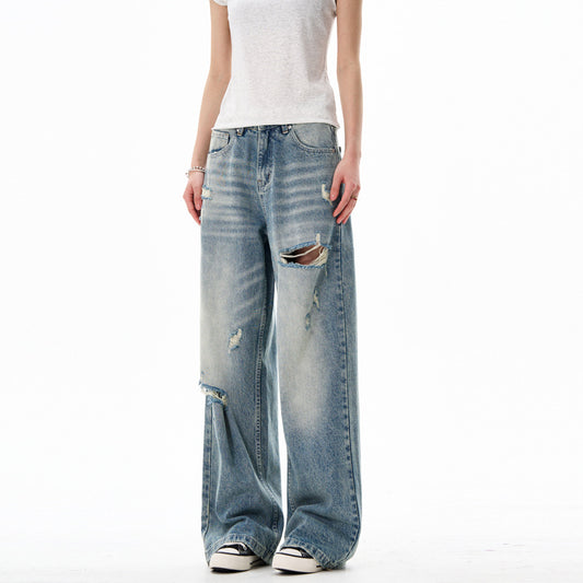 Loose Casual Ripped Straight Leg Wide Leg Pants