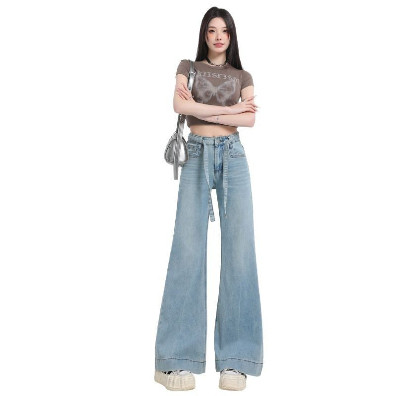 Wide-Leg Flared Denim Pants for Women - Light Blue High-Waist Slimming Trousers