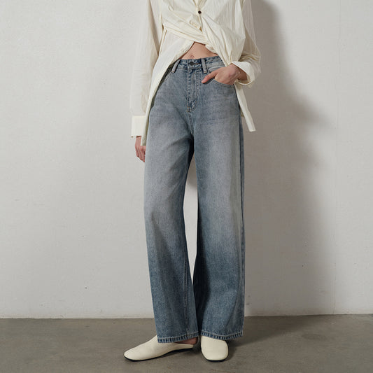 Women's White Denim Trousers - Gradient Wide-Leg Long Pants for Commuting