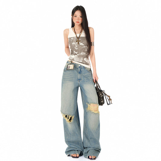 Women's Blue Distressed Straight Jeans - High Waist Loose Wide Leg Pants