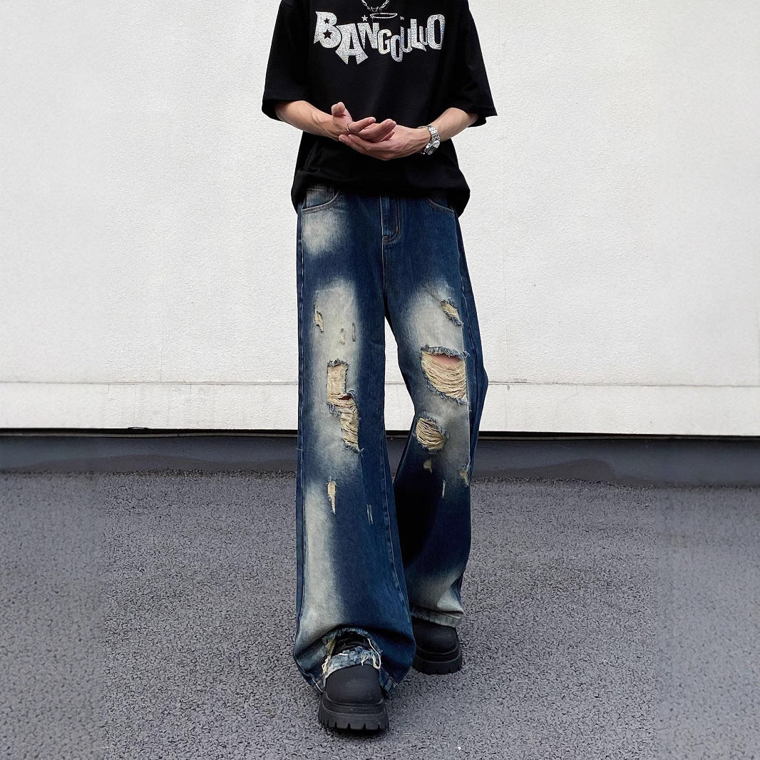 Ripped Blue Denim Loose Straight Casual Pants