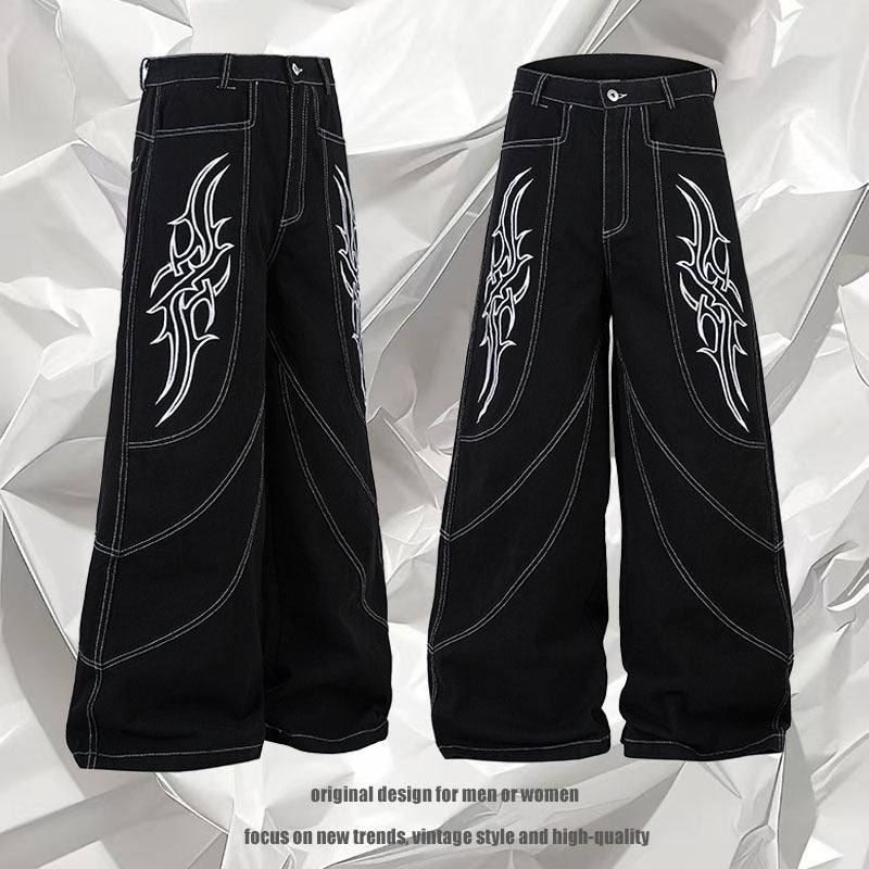 Wide Leg Long Pants with Thorns Embroidery - Unisex Trendy Denim