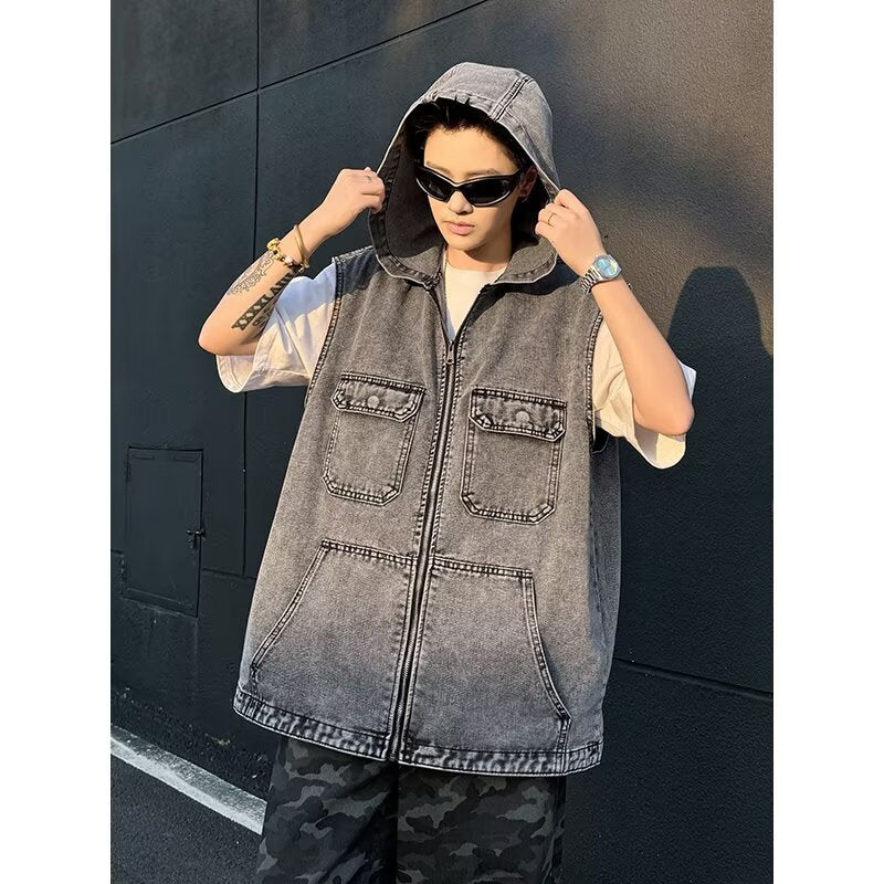 Hooded Denim Retro Loose Zipper Sleeveless Vest Jacket