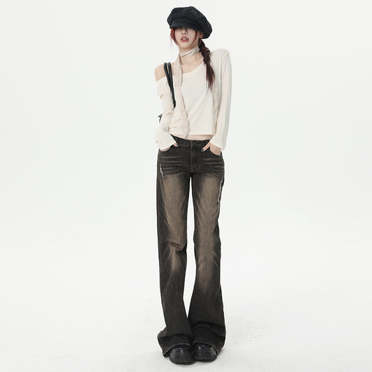 Women's Grey Brown Spicy Girl Flare Denim Pants - Low Waist Flared Trousers