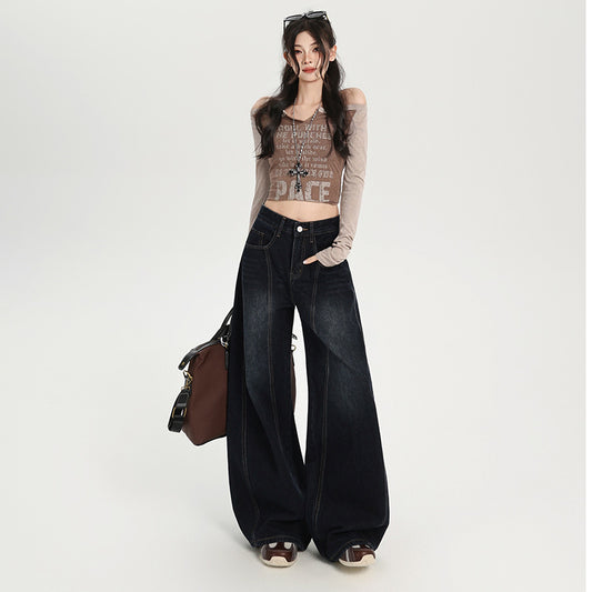 Retro Washed Loose Embroidered Tapered Denim Pants for Women