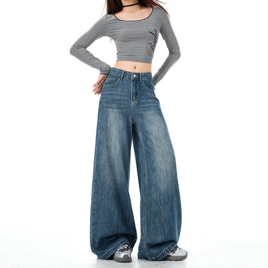 Vintage Blue Wide-Leg Jeans for Women - High Street High-Waist Slimming Loose Straight Ankle-Length Pants
