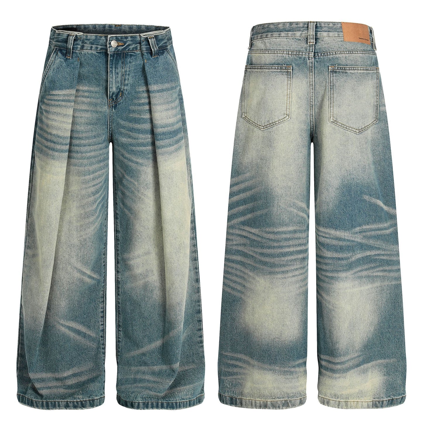 Street Style High-End Vintage Cat-Whisker Texture Pleated Design Men's Wide-Leg Casual Jeans