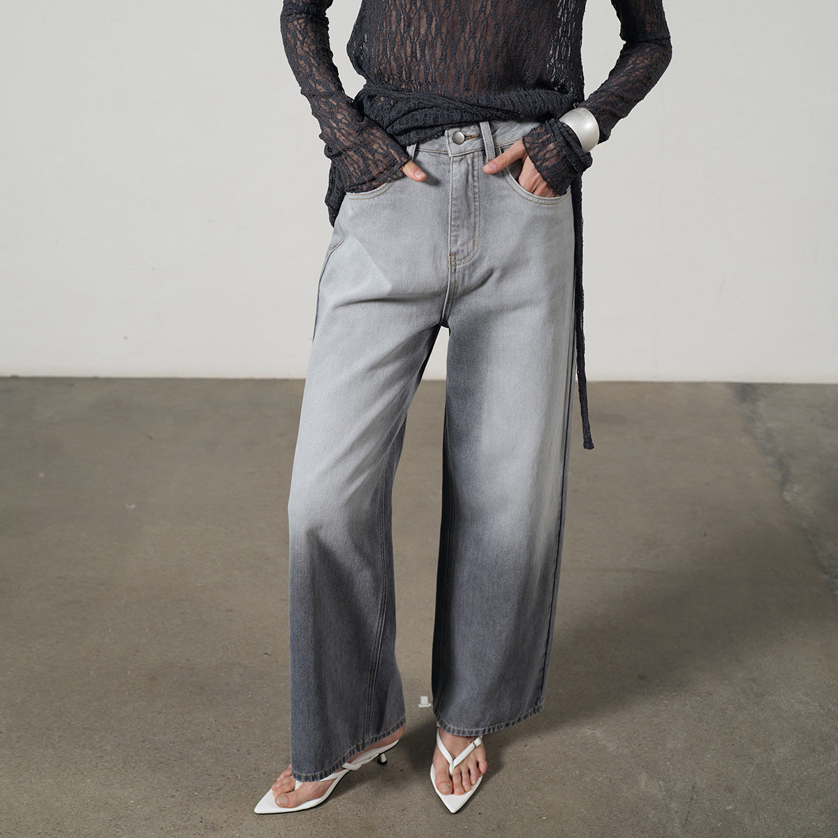 Women's White Denim Trousers - Gradient Wide-Leg Long Pants for Commuting