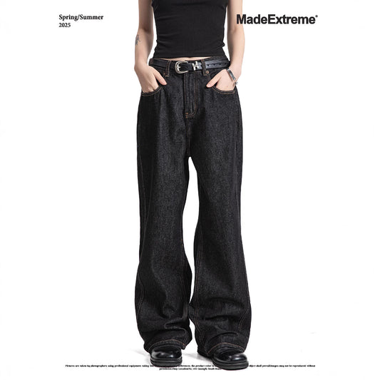 Dark Color Topstitching Straight Loose Commuting Denim Trousers