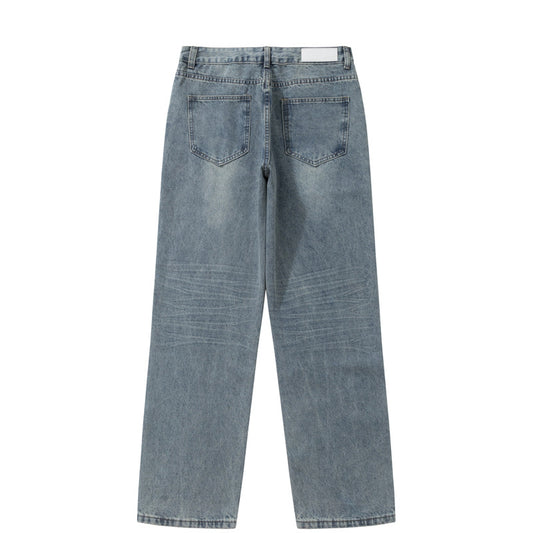 Street Style Basic Versatile Blue Jeans for Men - Loose Straight Wide Leg Washed Casual Pants