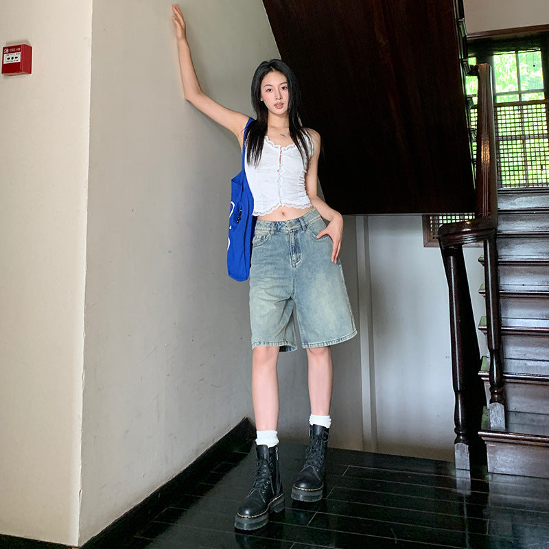 Women's Retro Denim Shorts - High Waist Loose Slim Straight Leg Pants