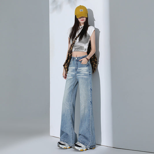 Women's Distressed Wide-Leg Flared Denim Pants - High-Waisted Floor-Length Trousers