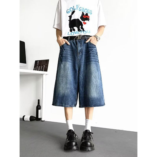 Lightning Pattern Seven Quarter Denim Loose Shorts with Wide Legs