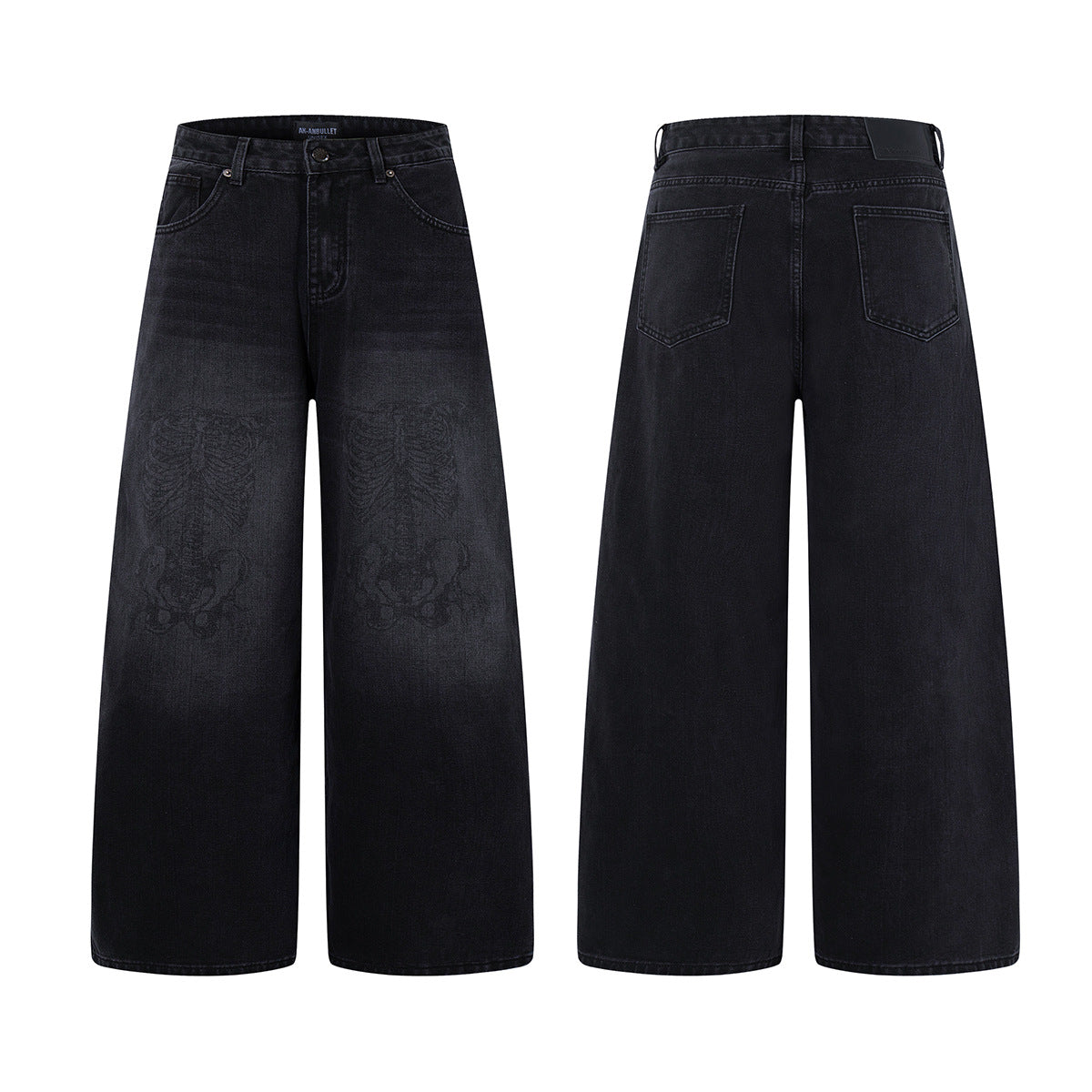 Skeleton Print Washed Denim Jeans Wide Leg Pants