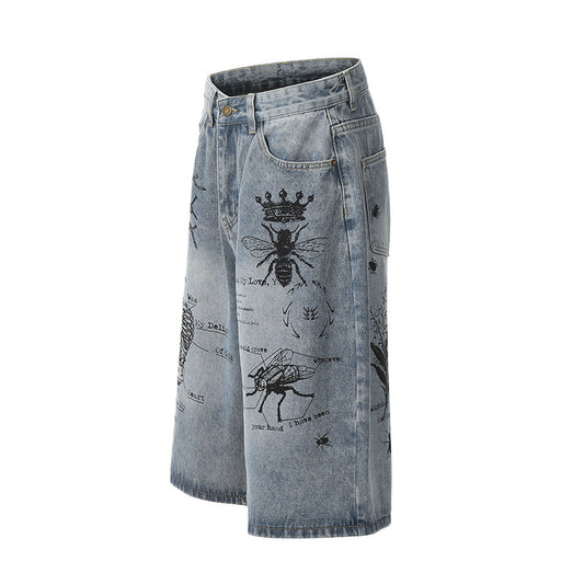 Wide Leg Denim Cropped Pants with Insect Graffiti