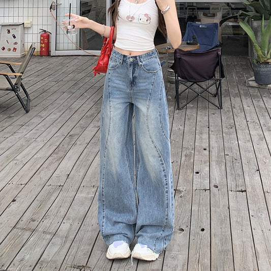 Retro Washed Wide-Leg Jeans for Women - High-Waist Loose Frayed Straight Pants