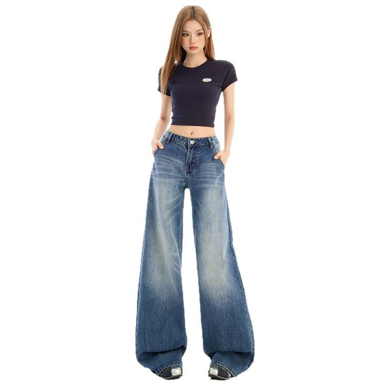Retro Distressed Floor-Length Wide-Leg Jeans for Women