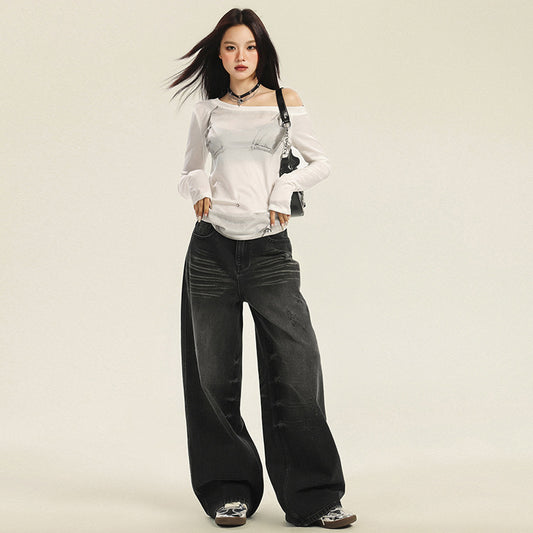 Women's Washed Denim Wide Leg Pants - High Waist Loose Floor Length Trousers