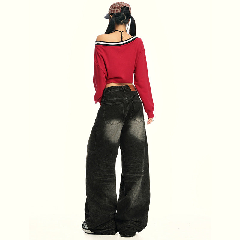 High Street Washed Loose High-Waisted Wide-Leg Jeans for Women
