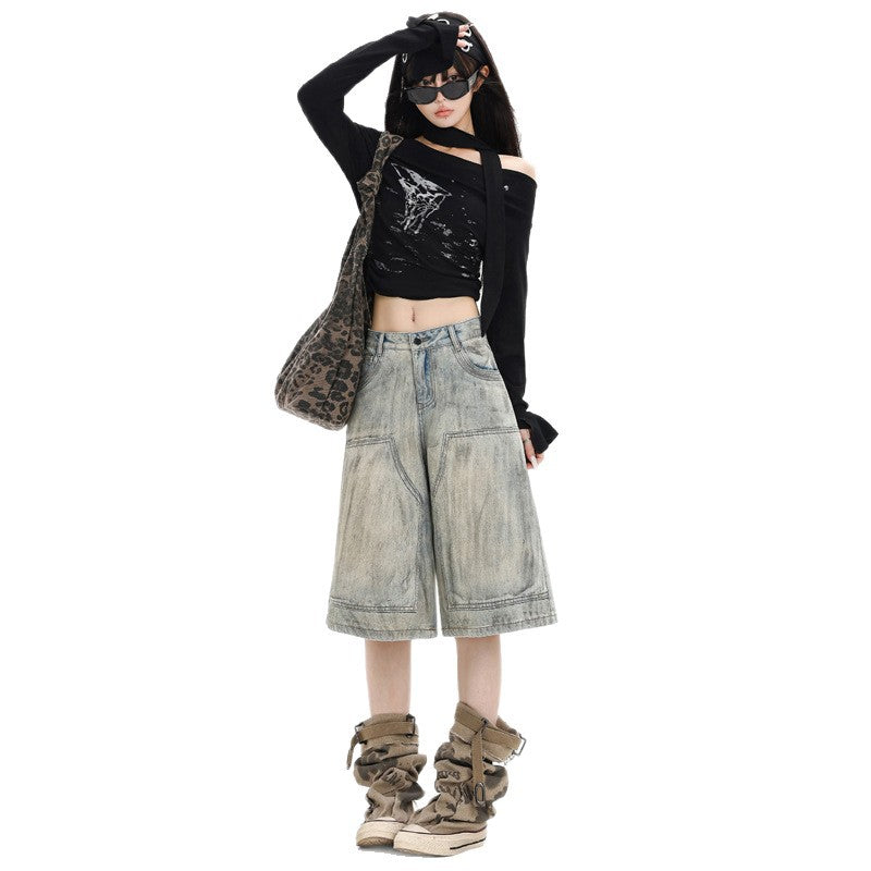 Retro Street Style Denim Capri Pants for Women - Loose High Waist Straight Leg Trousers